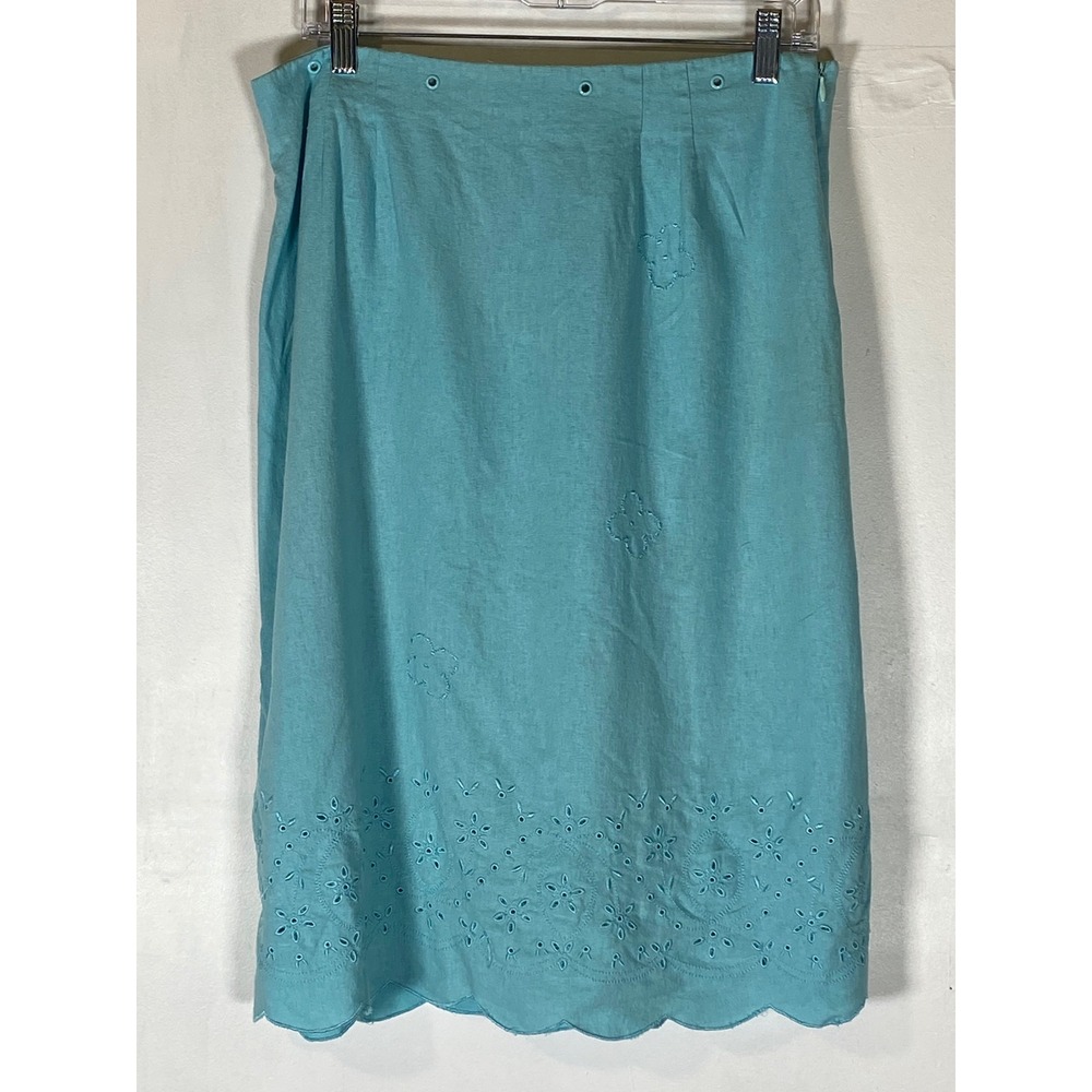 Vintage 1990s CLC Linen Blend Eyelet Embroidered Teal‎ Pencil Skirt Size 14
